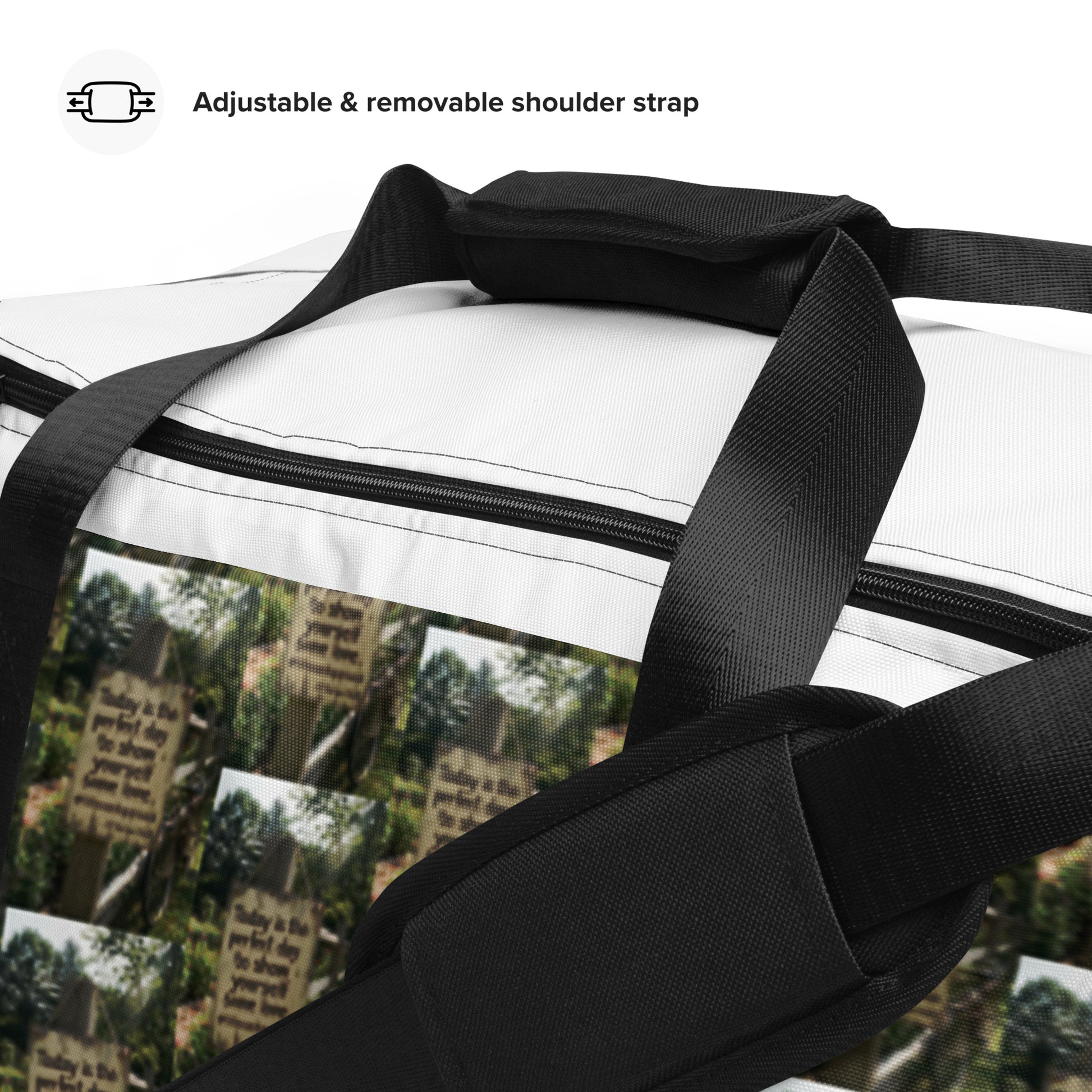 White duffle bag with adjustable removable shoulder strap and padded handles
