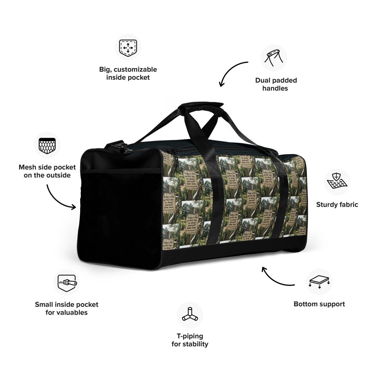Self-love duffle bag with dual handles, side mesh pocket, and inner pockets