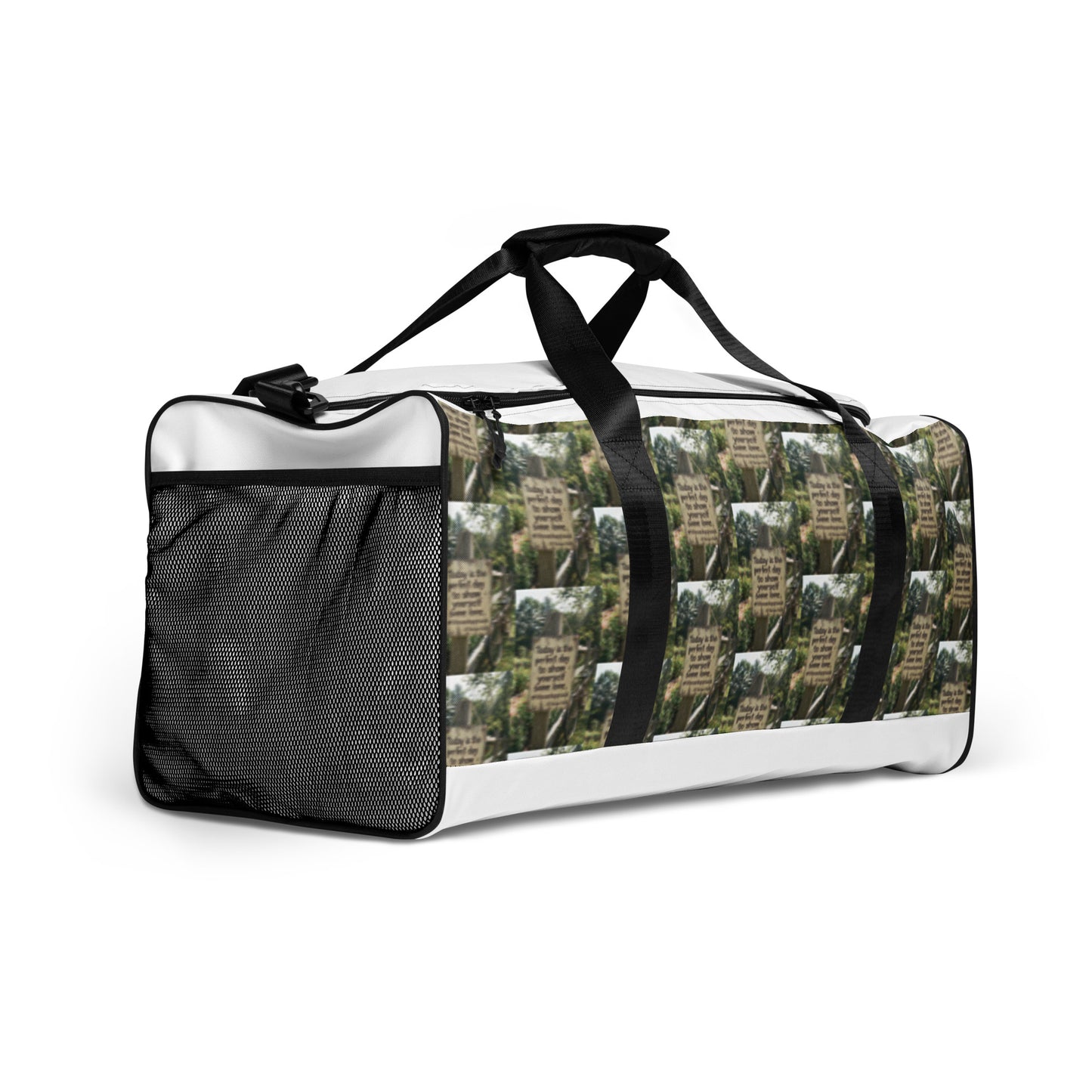 Duffle bag with top carry handles; black-and-white trim and green tree-text patterned sides.