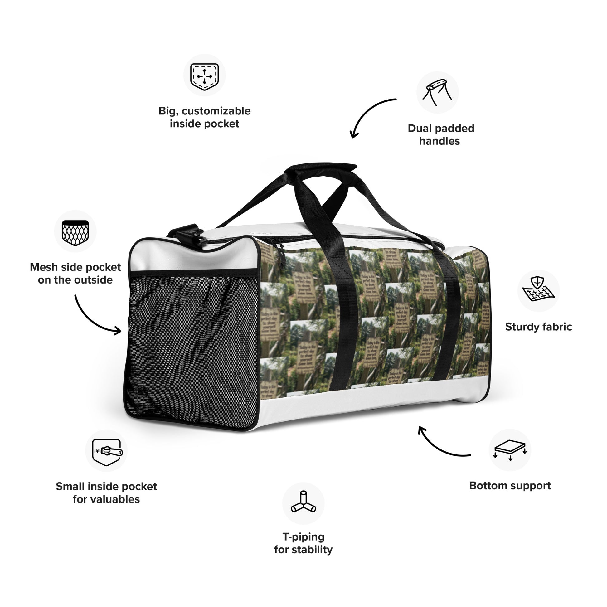 White duffle bag with mesh side pocket, inside pockets, and reinforced bottom