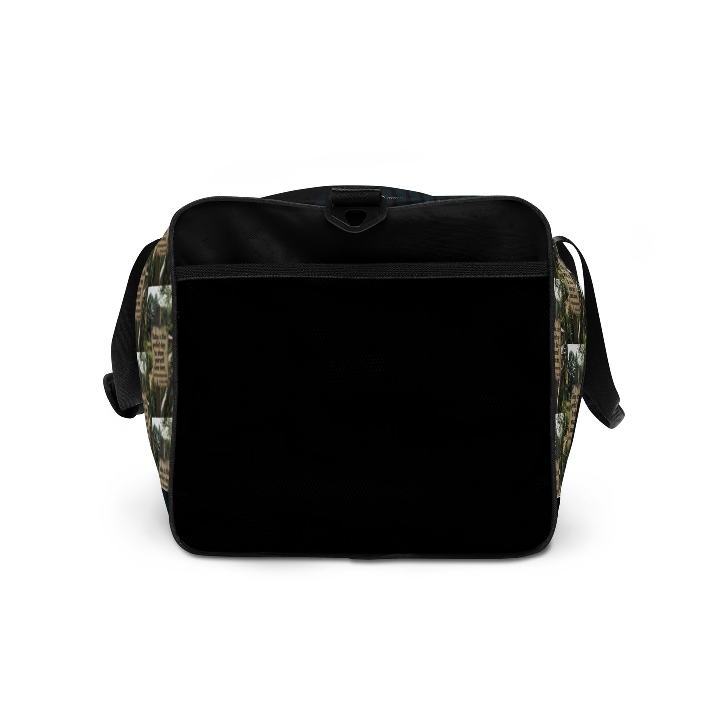 Black duffle bag with green collage side panels and carrying handles