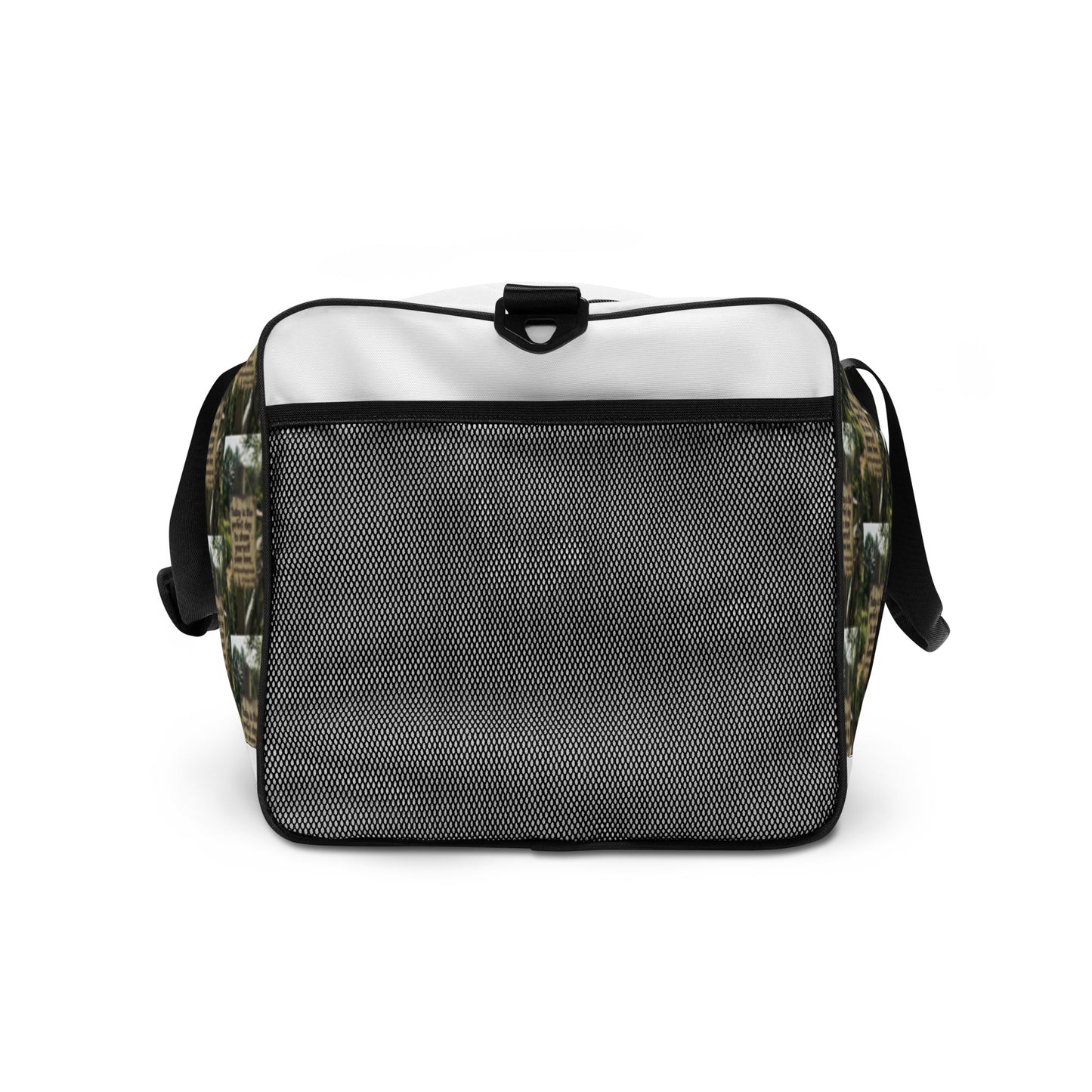 Duffle bag with front mesh pocket; white and green tree-text panel with black trim.