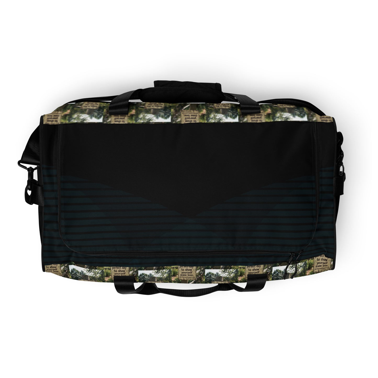 Black duffle bag with green collage exterior and front zip pocket area
