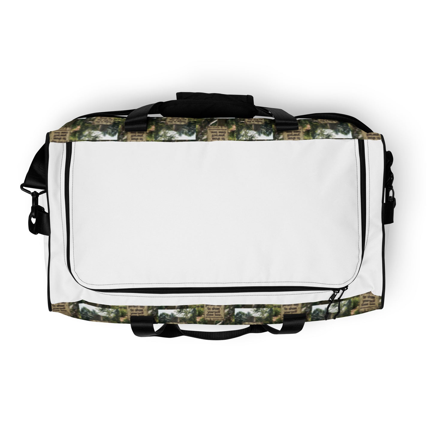 Duffle bag back view with white flap and black zipper; patterned sides and top handle.