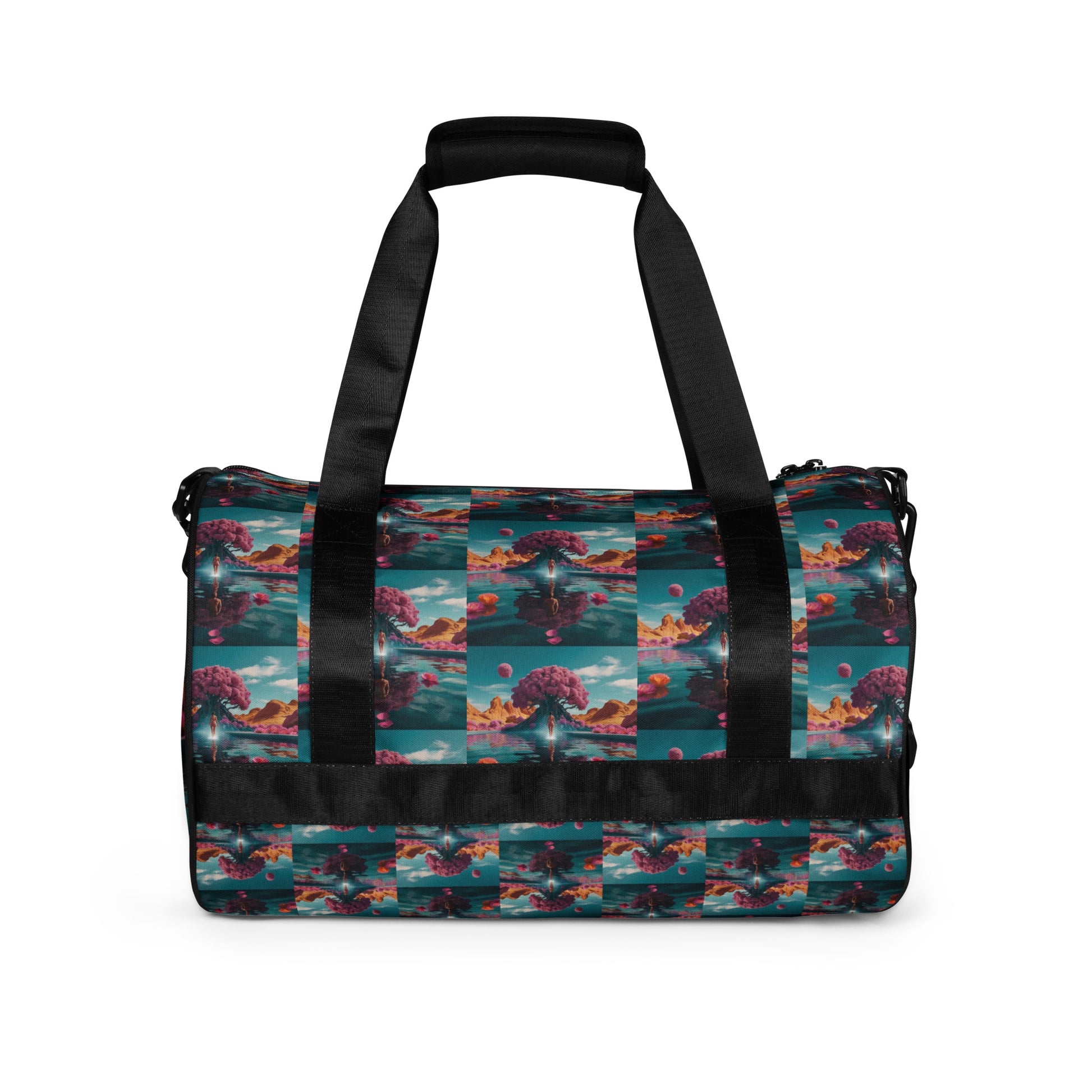 Colorful patterned gym duffel bag with black webbing handles and stitched trim