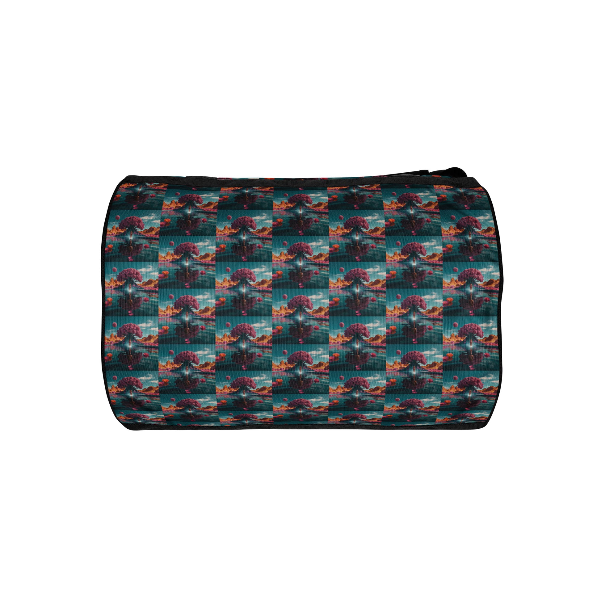 Colorful patterned gym duffel bag in horizontal view with rounded end