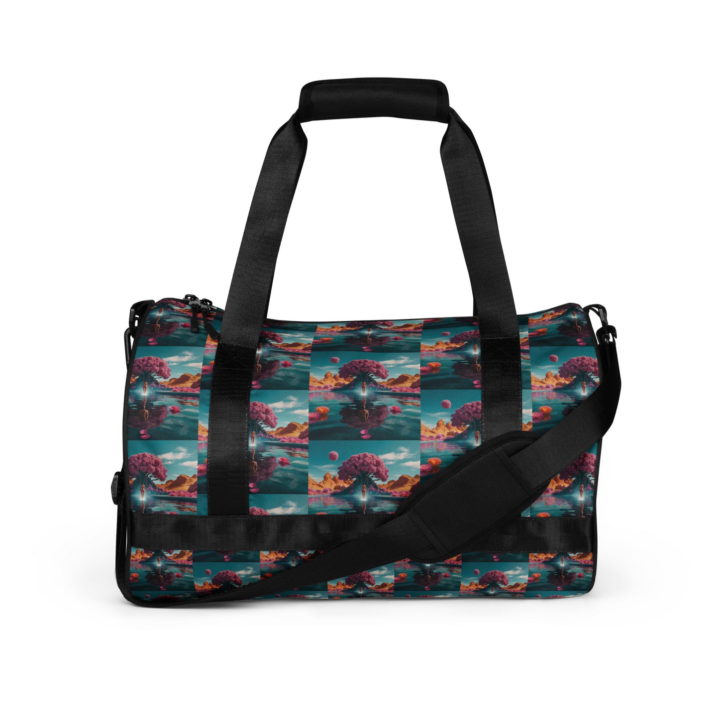Colorful patterned gym duffel bag with black top handle and wide shoulder strap
