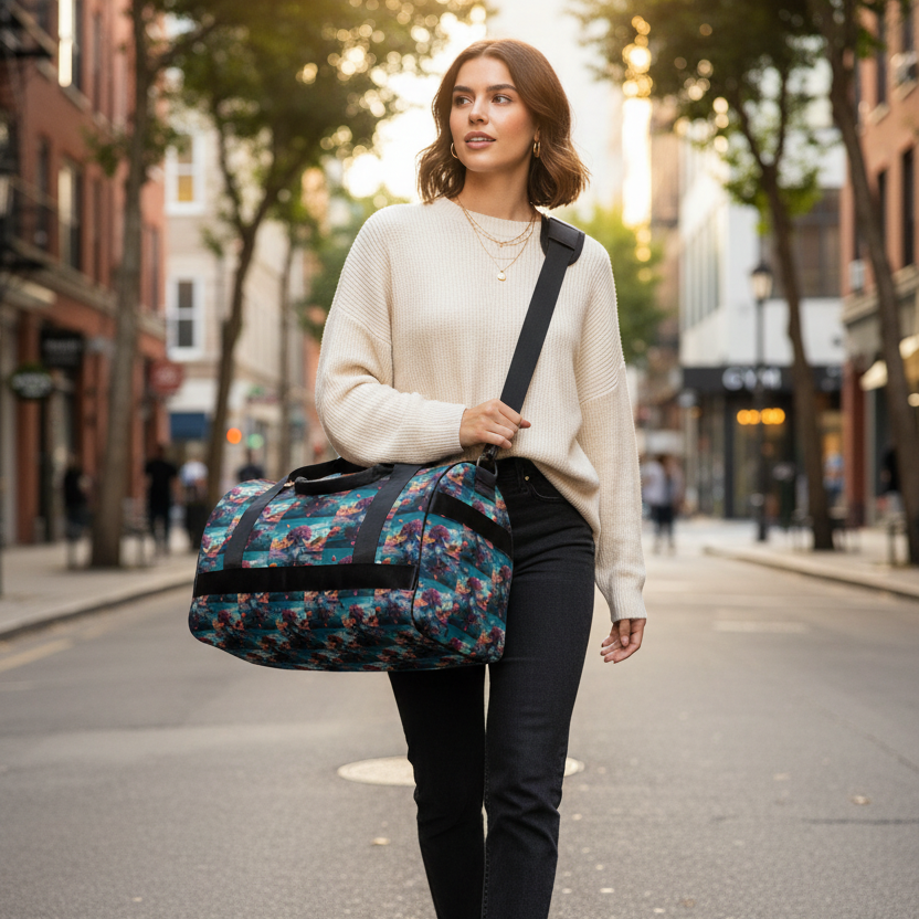 Colorful patterned gym duffel bag with black straps, held by a person