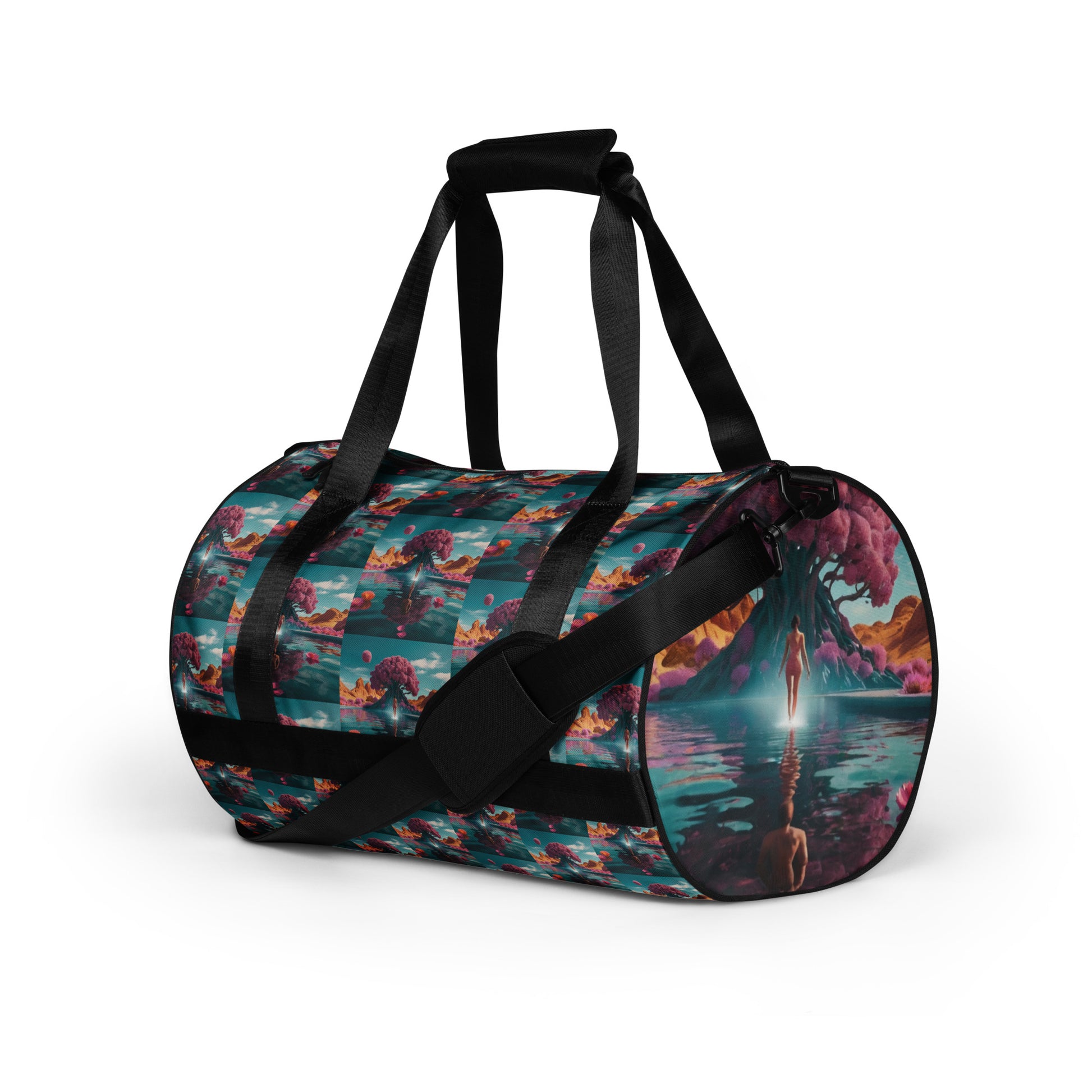 Colorful patterned gym duffel bag with black adjustable crossbody strap and end pocket