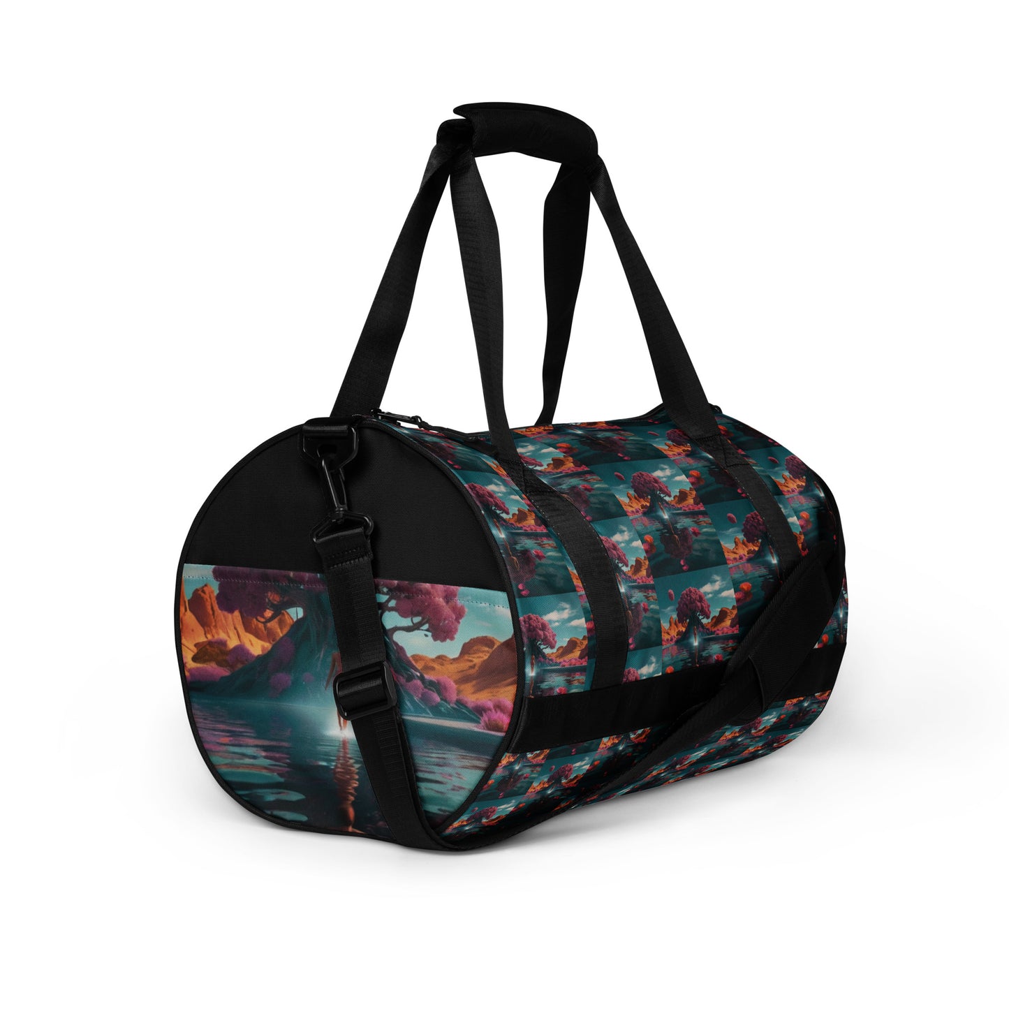Colorful patterned gym duffel bag with black carry handle, end strap, and base