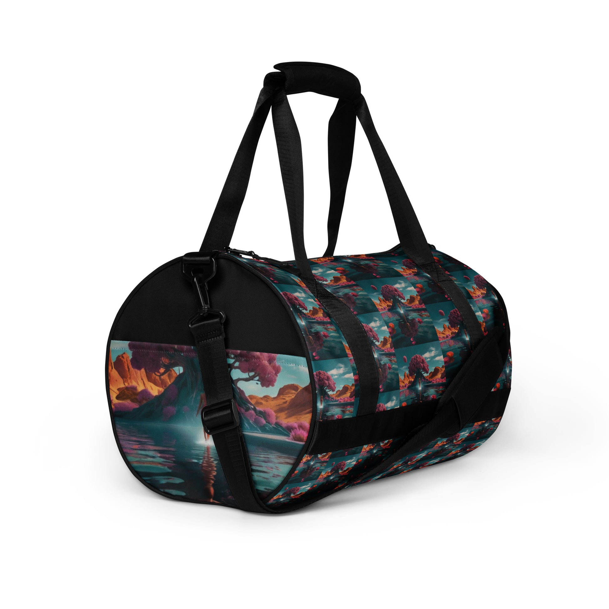 Colorful patterned gym duffel bag with black carry handle, end strap, and base