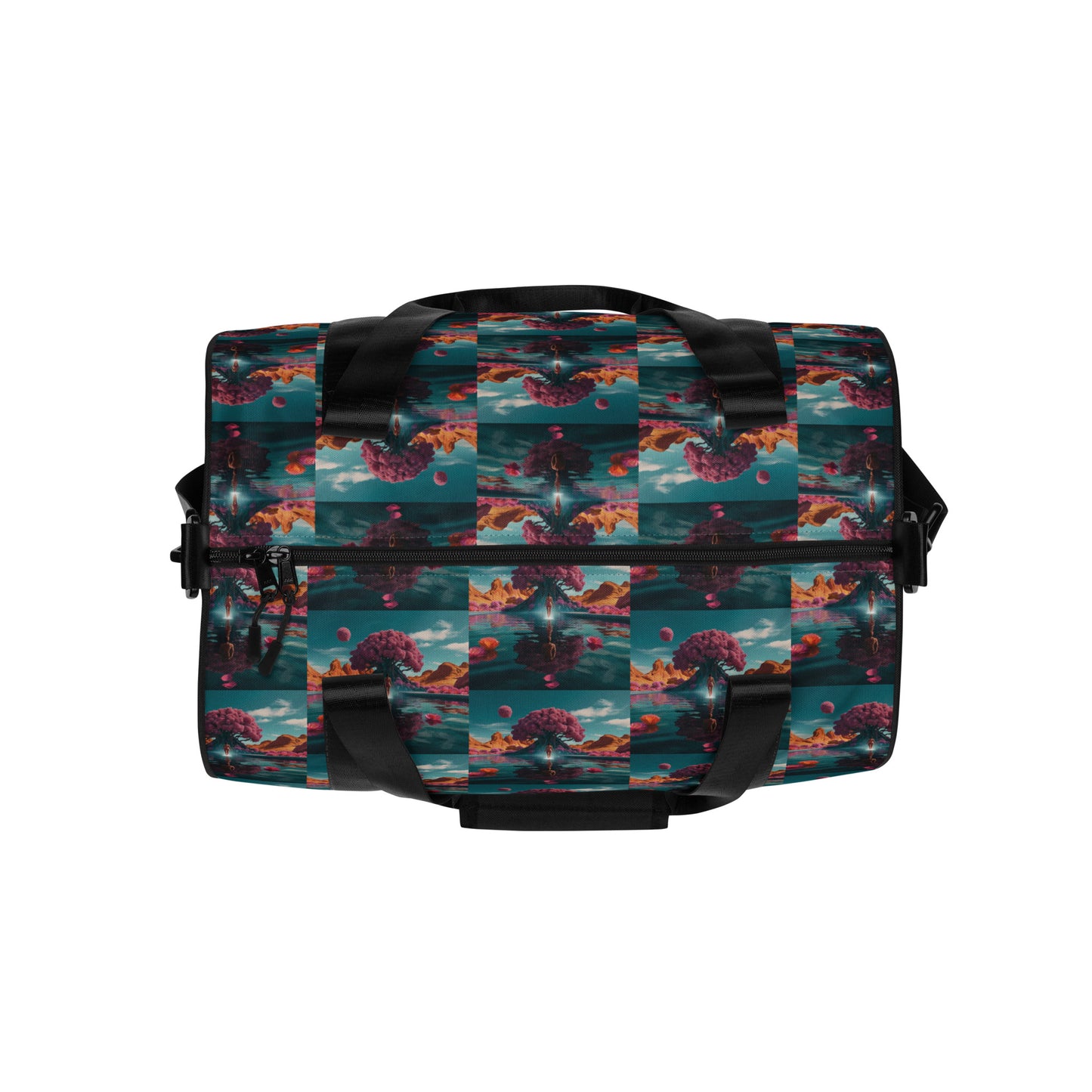 Colorful patterned gym duffel bag with black straps and front zip pocket
