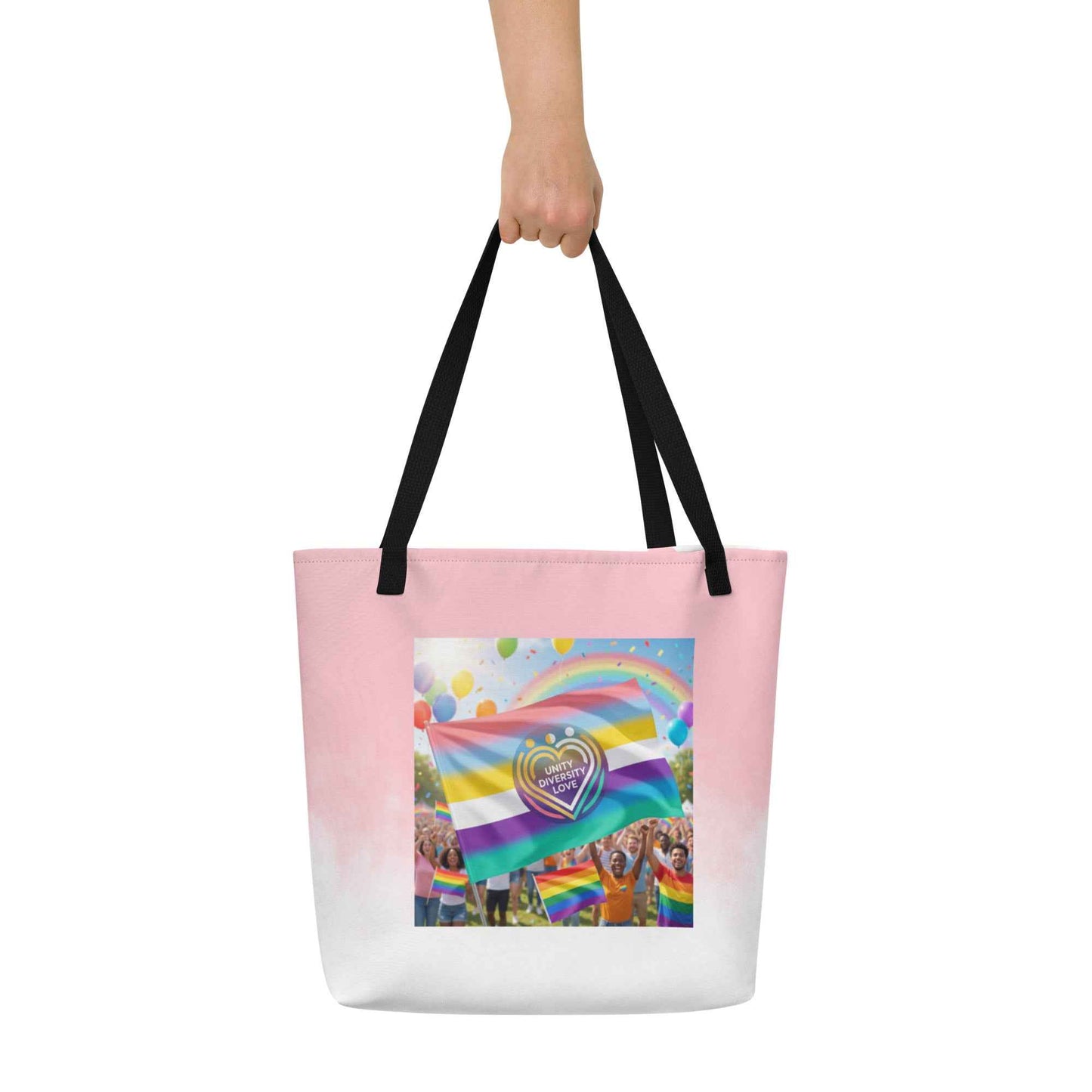 Tote bag, pink with black handles and Unity Love rainbow print square
