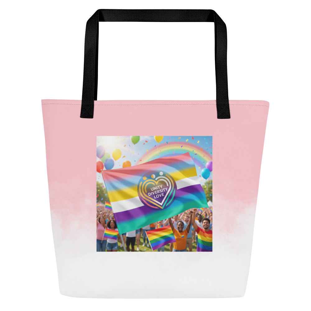 Pink and white beach tote bag with black handles and rainbow unity graphic