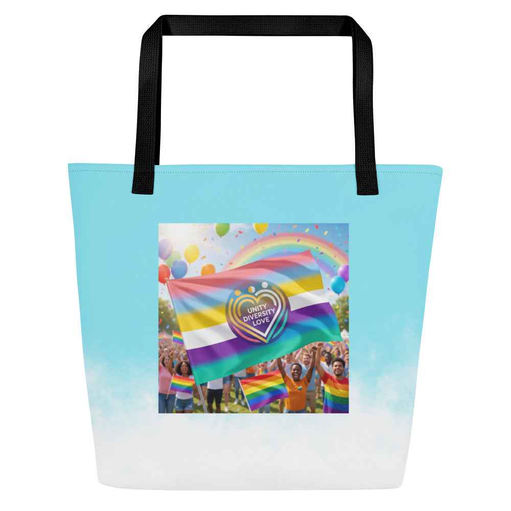 Tote bag, light blue with black handles and rainbow Unity Love print panel