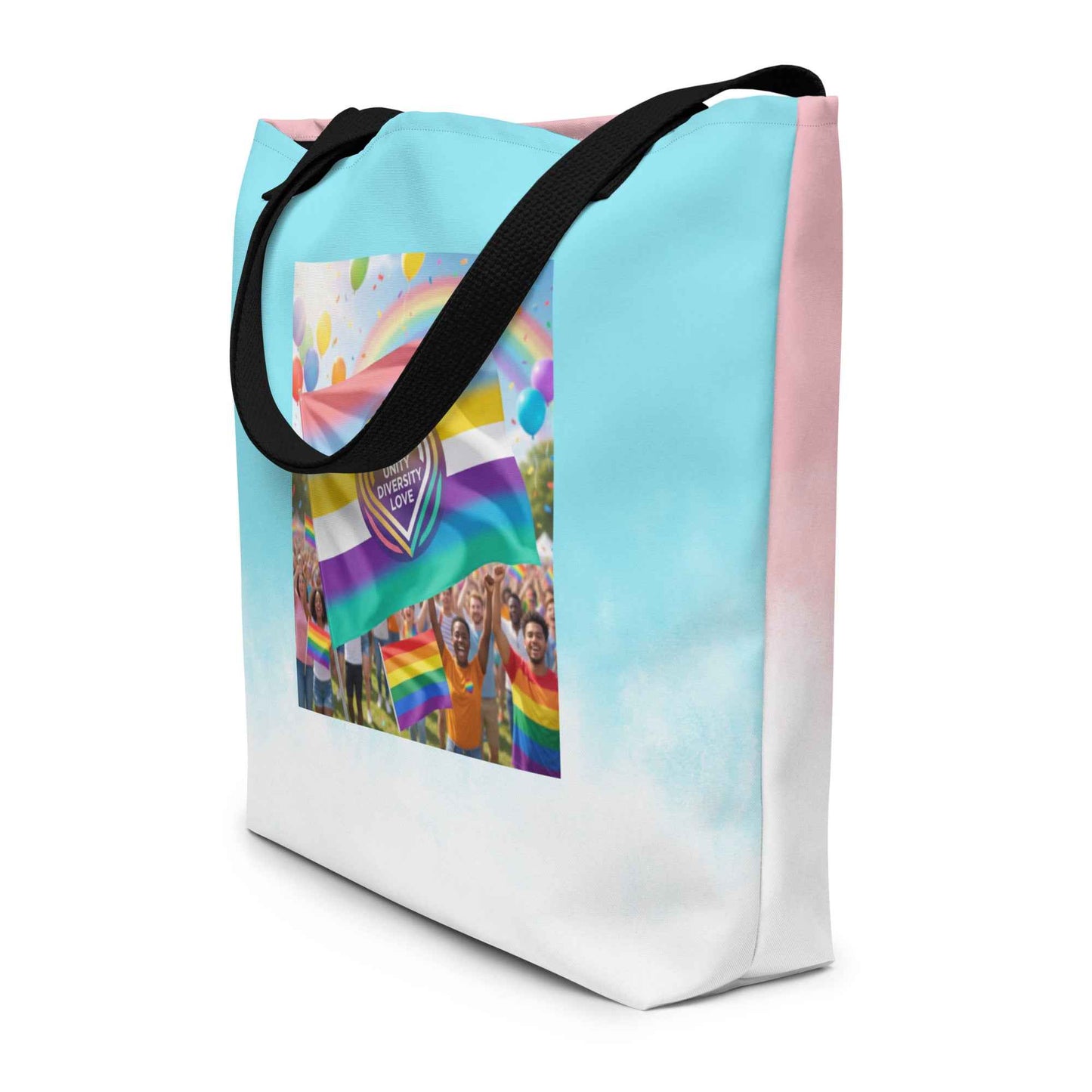 Tote bag, light blue with black handles and rainbow Unity Love print on front