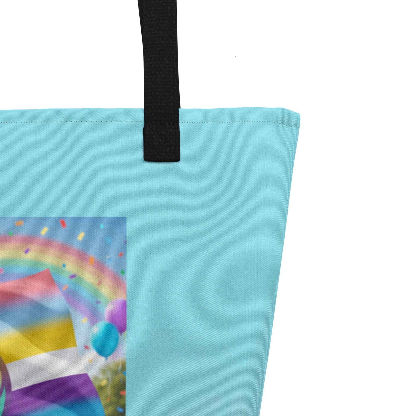 Tote bag close-up, light blue with black handle and partial rainbow Unity Love panel