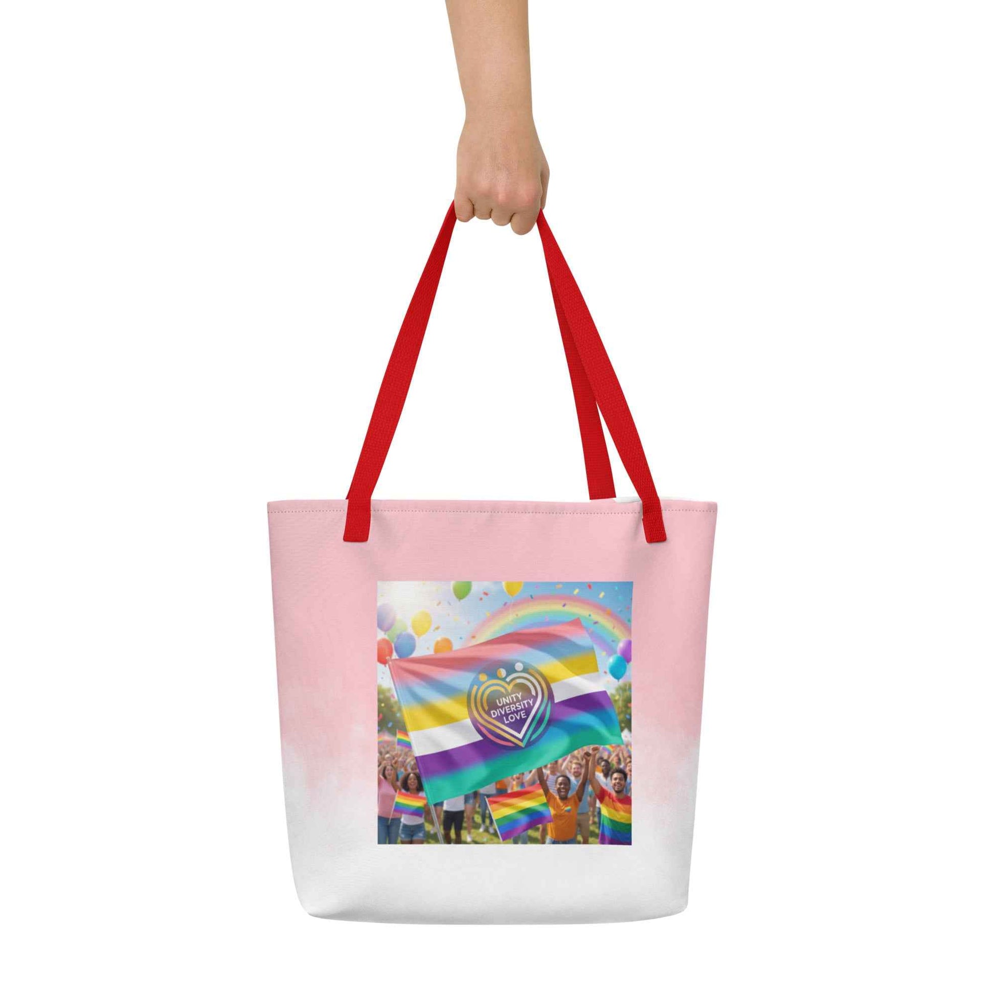 Tote bag, pink with red handles and Unity Love rainbow print square