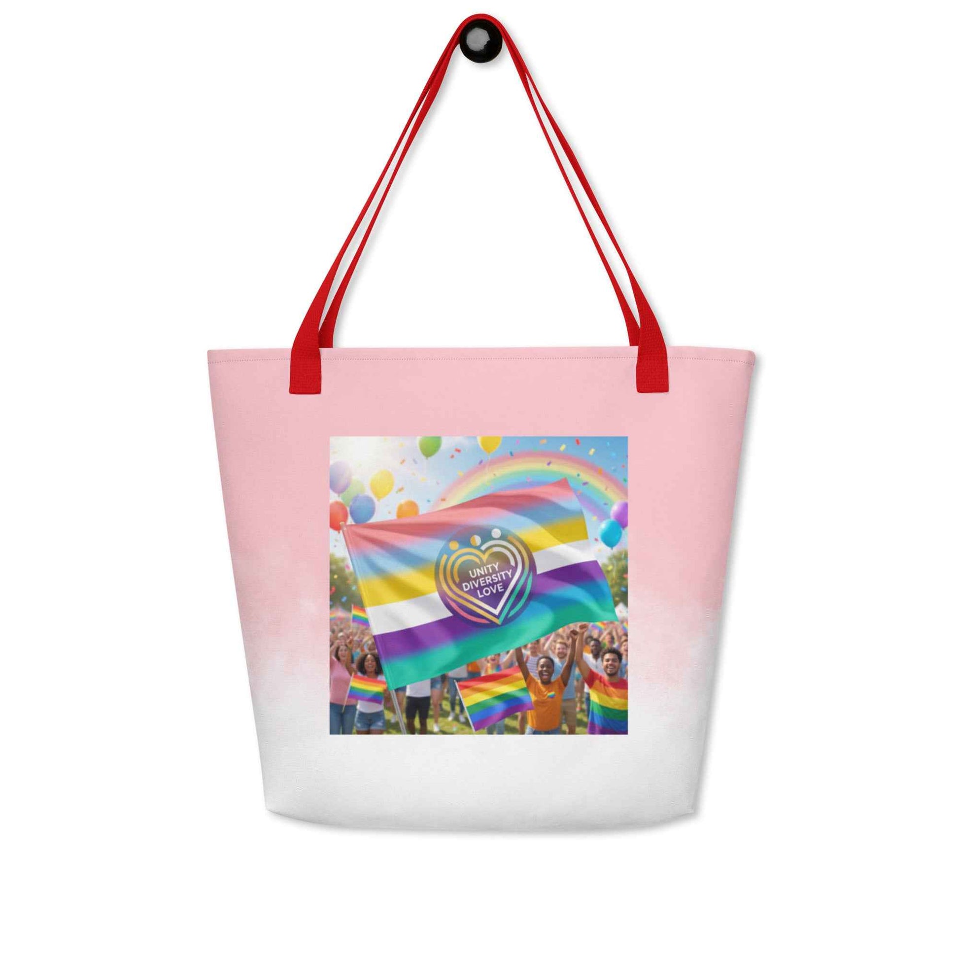 Tote bag, pink with red handles and Unity Love rainbow heart print