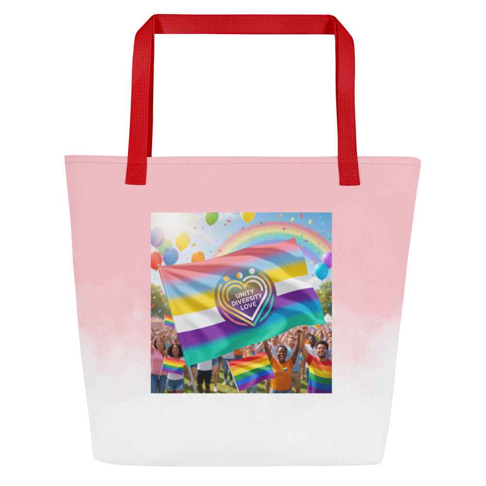 Pink and white beach tote bag with red handles and rainbow unity graphic