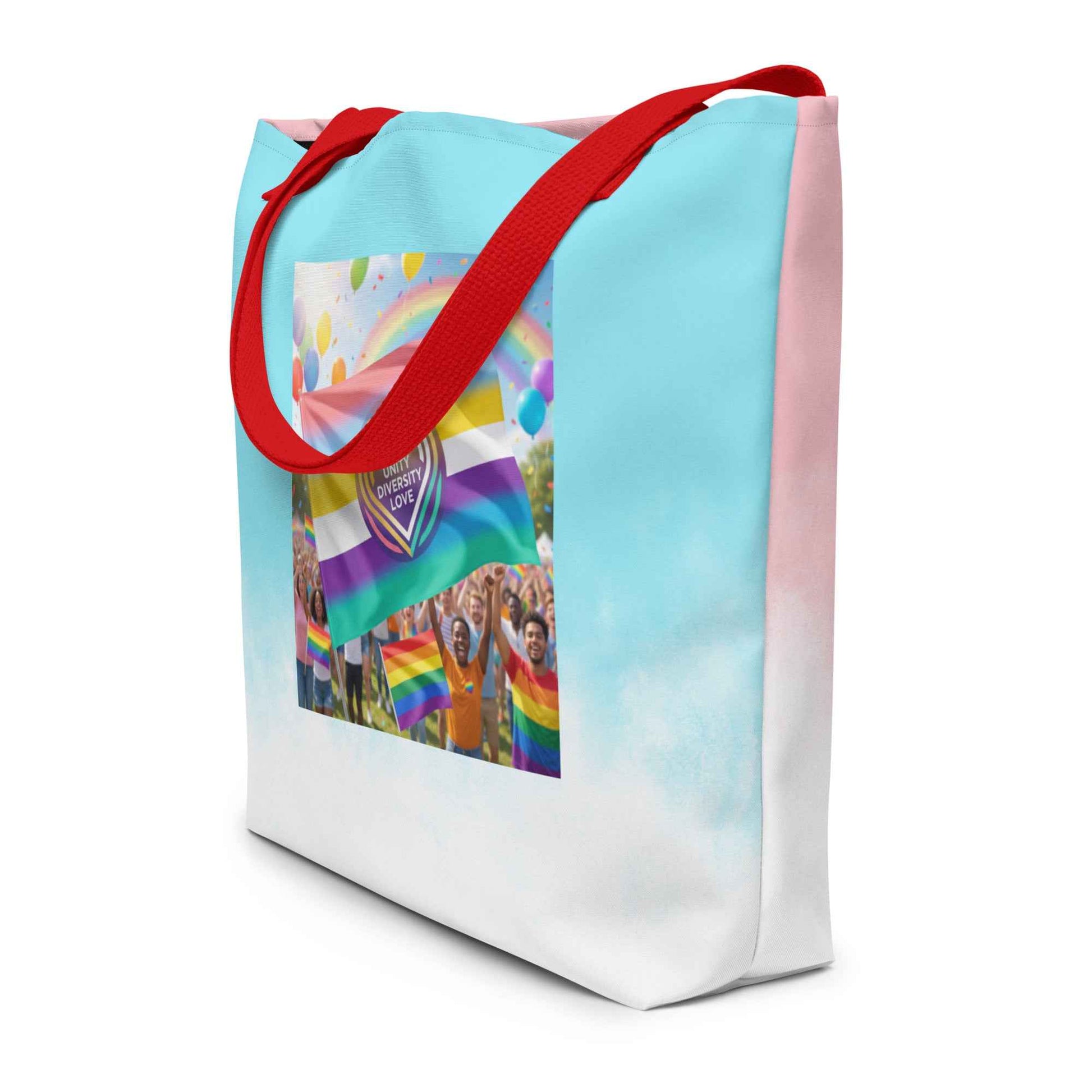 Tote bag, light blue and pink with red handles and Unity Love rainbow print