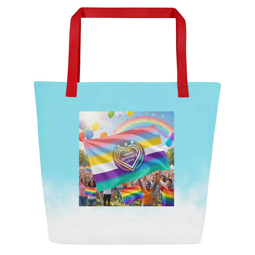 Light blue beach tote bag with red handles and rainbow unity graphic