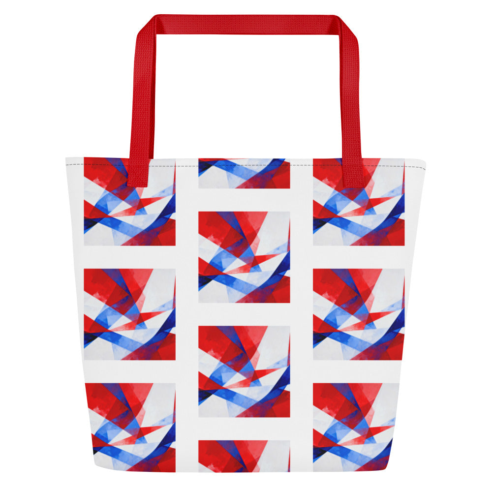 Beach tote bag front with red top handles and white, red, and blue geometric squares print