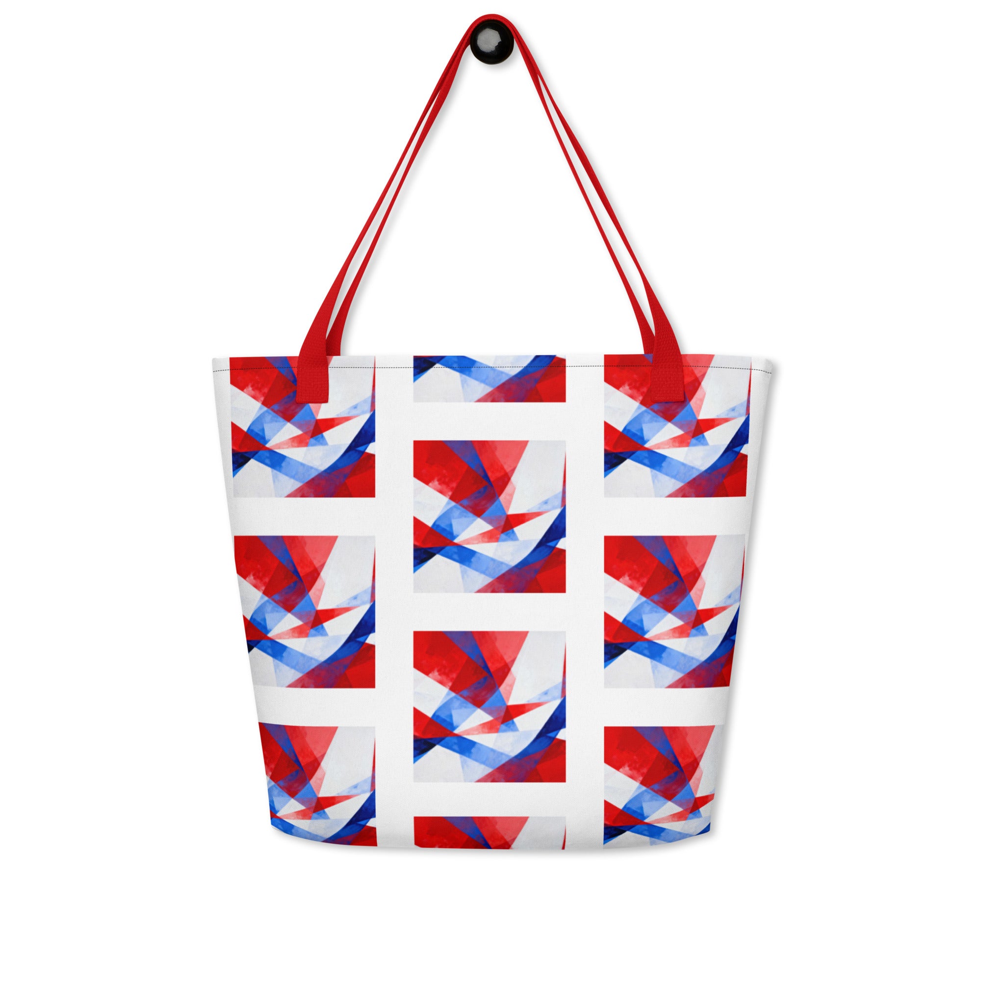 Beach tote bag with red top handles and patriotic white, red, and blue geometric pattern