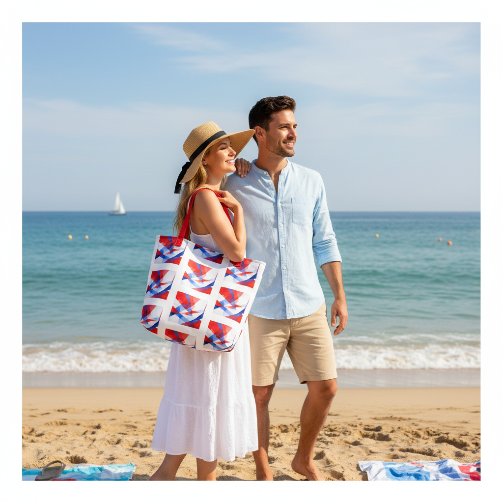 Beach tote bag with red handles and white, red, and blue geometric block pattern
