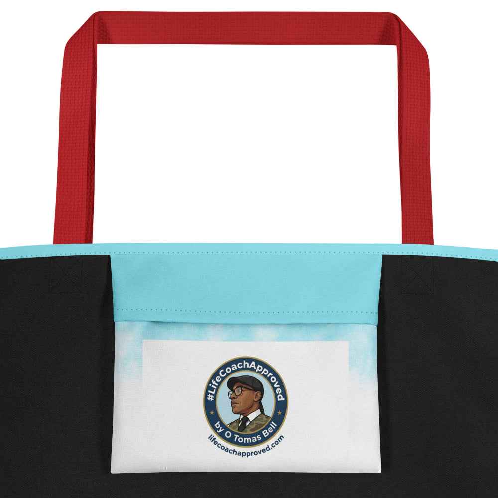 Red-handled beach tote bag with front logo label pocket detail