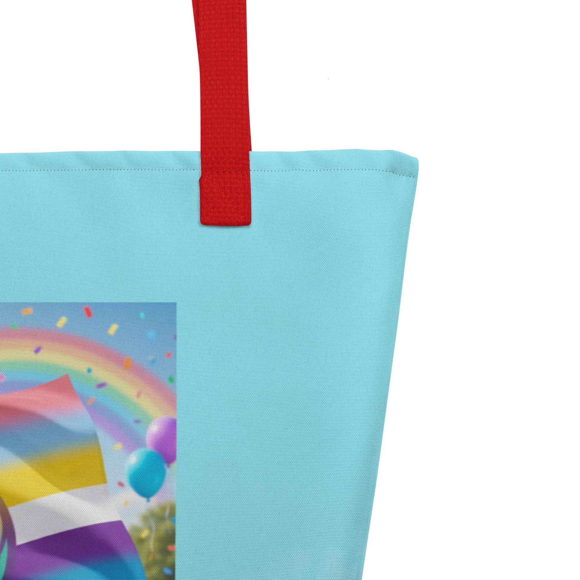 Light blue tote bag corner with red handle and edge stitching detail