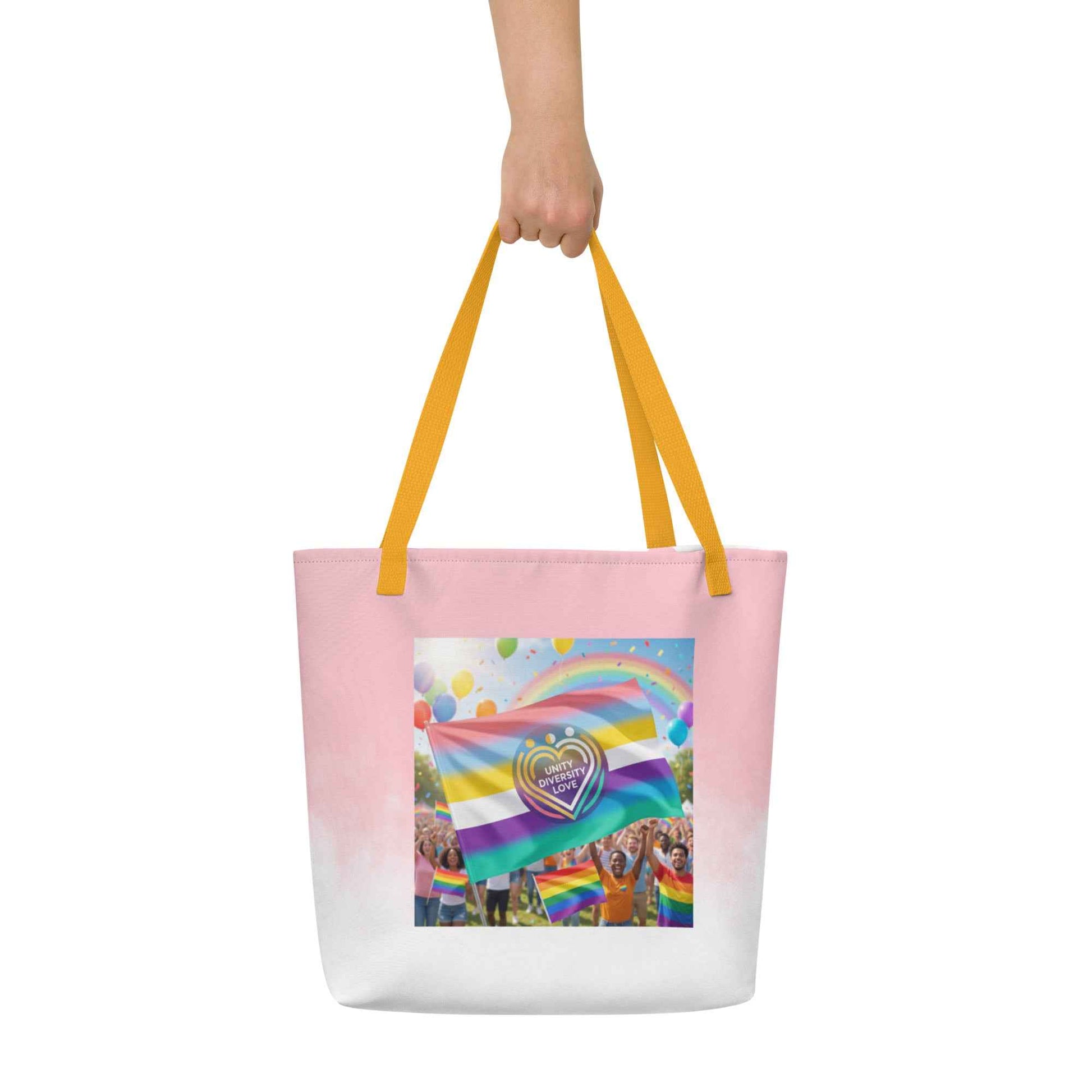 Tote bag, pink with yellow handles and Unity Love rainbow print square