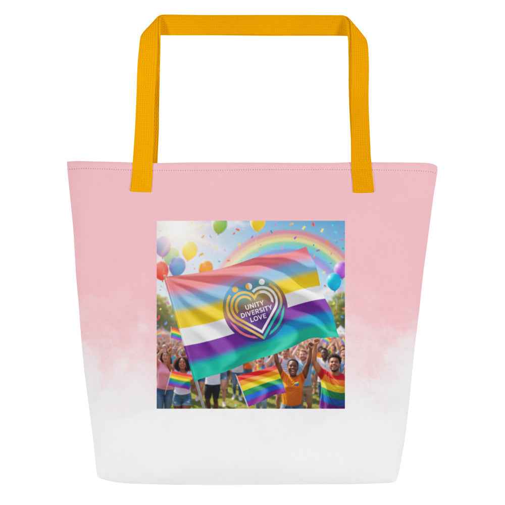 Pink and white beach tote bag with yellow handles and rainbow unity graphic