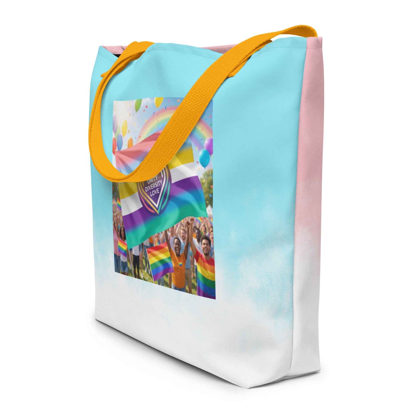 Tote bag, light blue and pink with yellow handles and Unity Love rainbow print