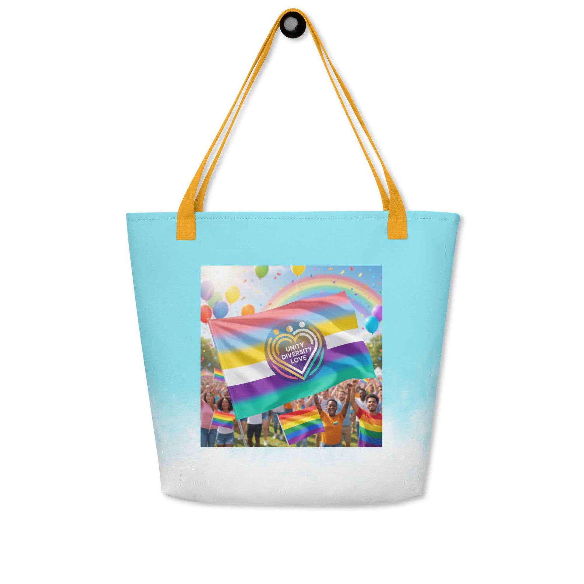 Light blue beach tote bag with yellow handles and rainbow unity flag graphic