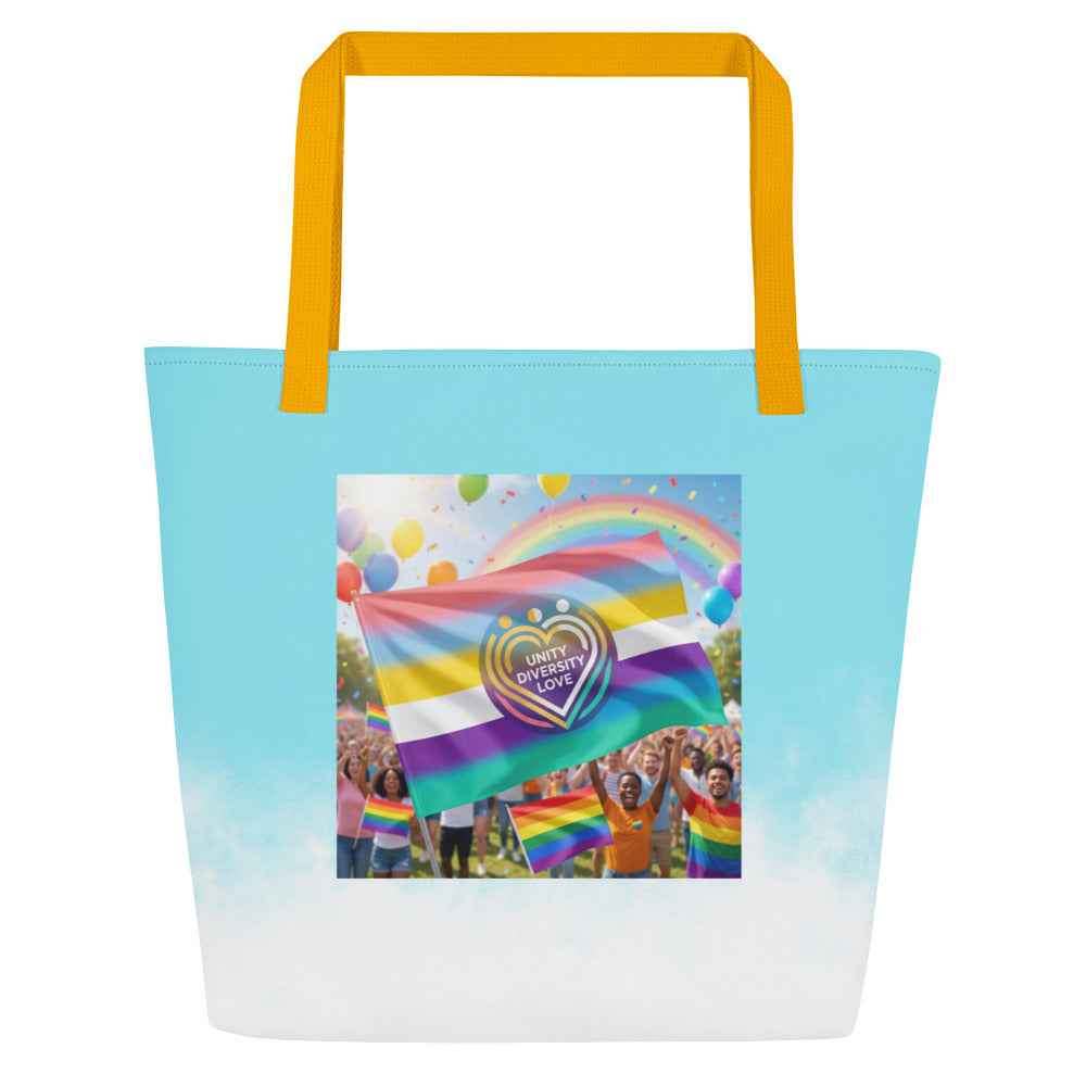 Light blue beach tote bag with yellow handles and rainbow unity graphic