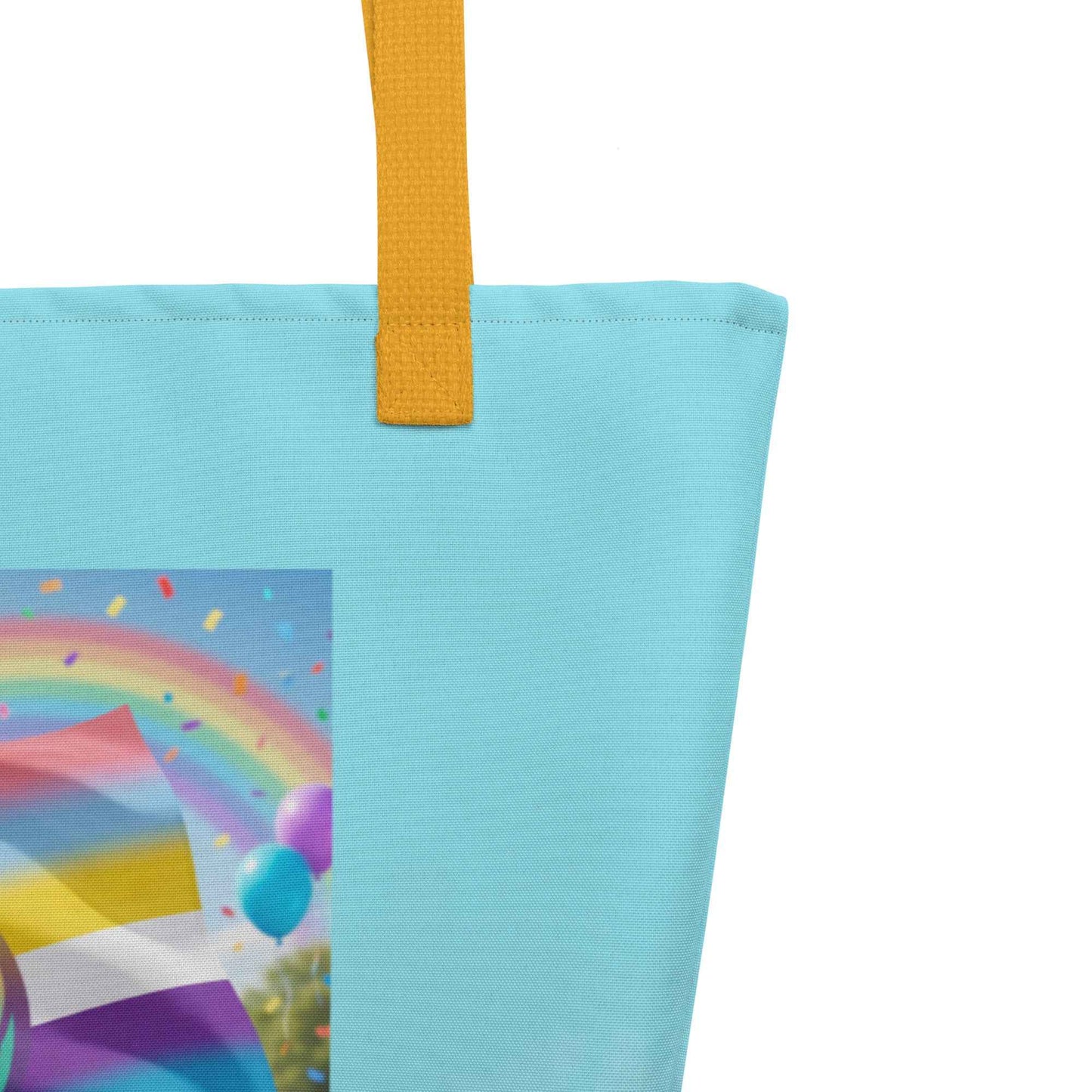 Light blue tote bag corner with yellow handle and edge stitching detail