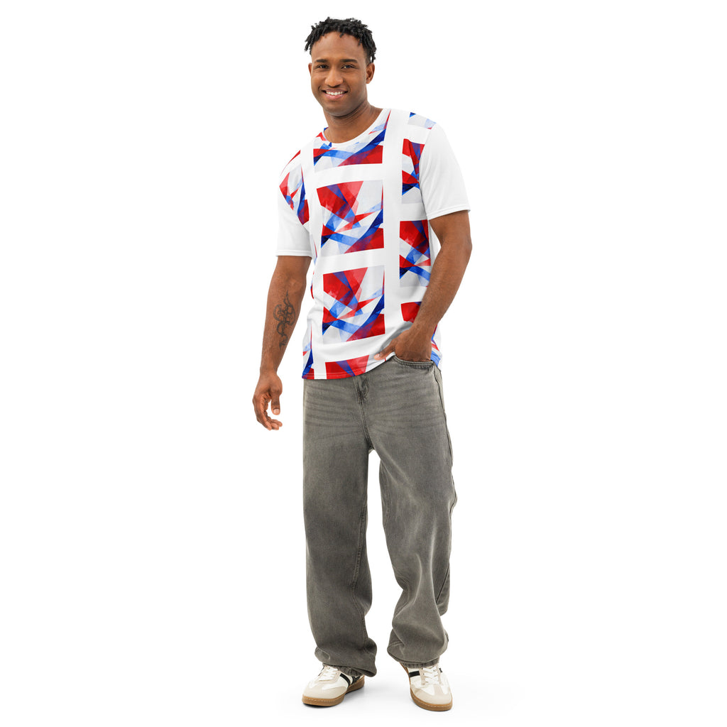 Men's white cotton crew-neck T-shirt with red and blue geometric flag print, front view