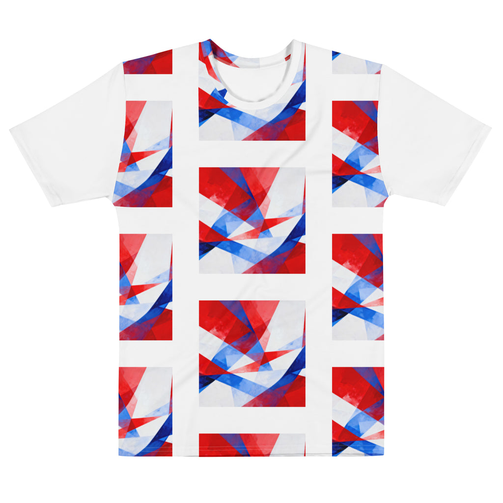 Men's white cotton crew-neck T-shirt with red and blue geometric flag panel print