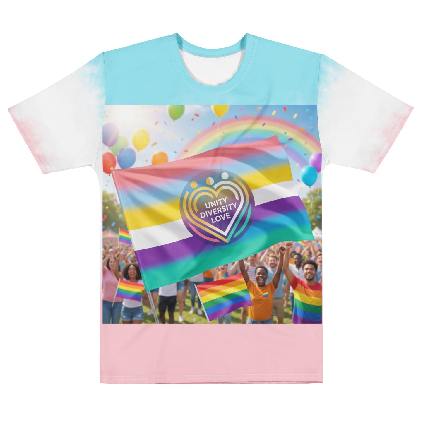 Men's tie-dye t-shirt with rainbow flag graphic and Unity Diversity Love logo