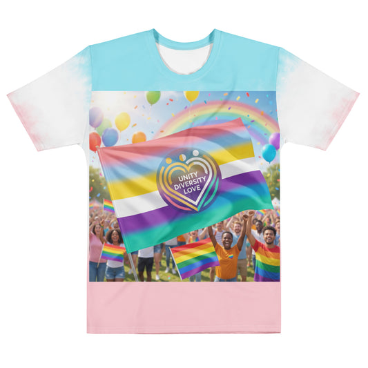 Men's tie-dye t-shirt with rainbow flag graphic and Unity Diversity Love logo