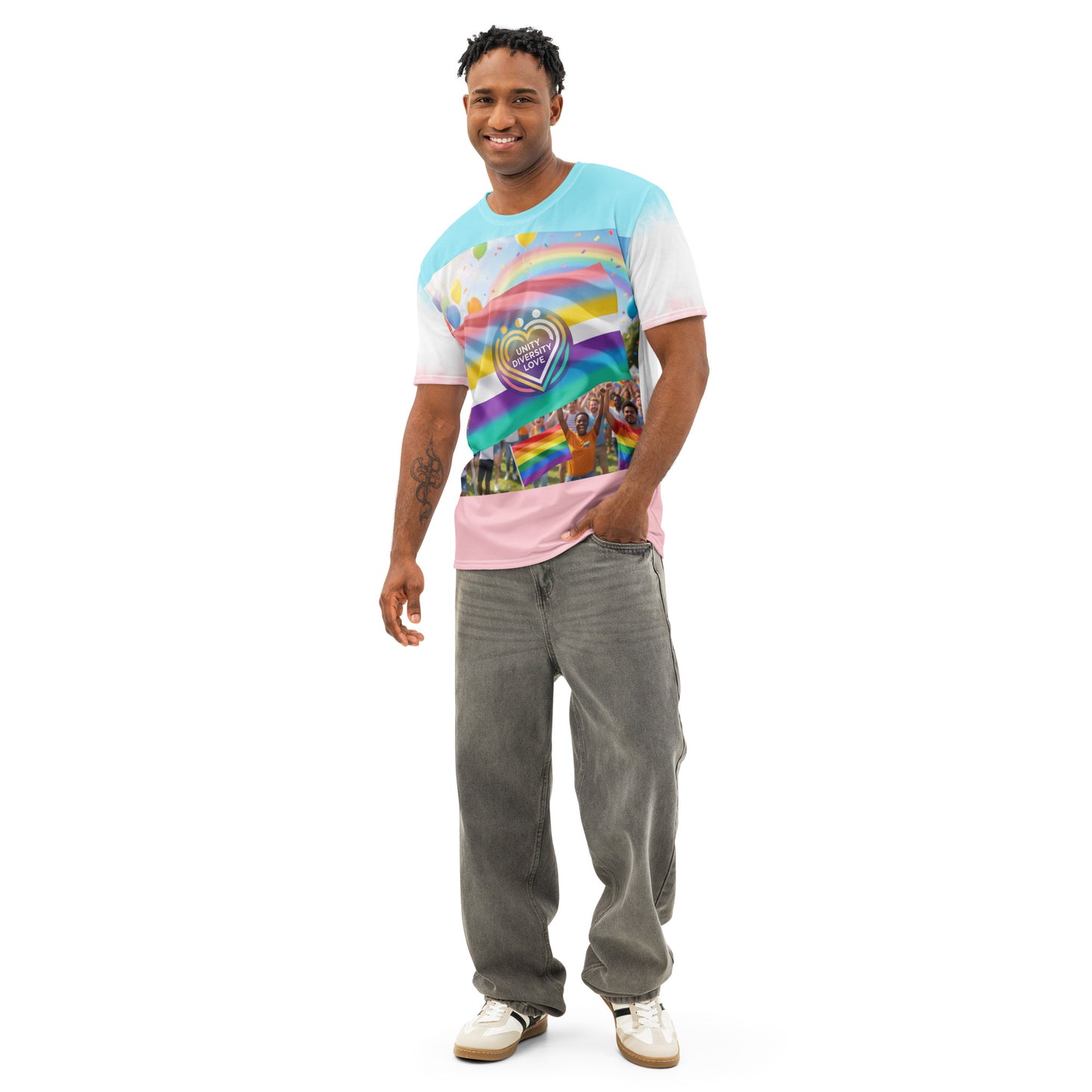 Men's tie-dye t-shirt on model with rainbow flag and Unity Diversity Love heart logo