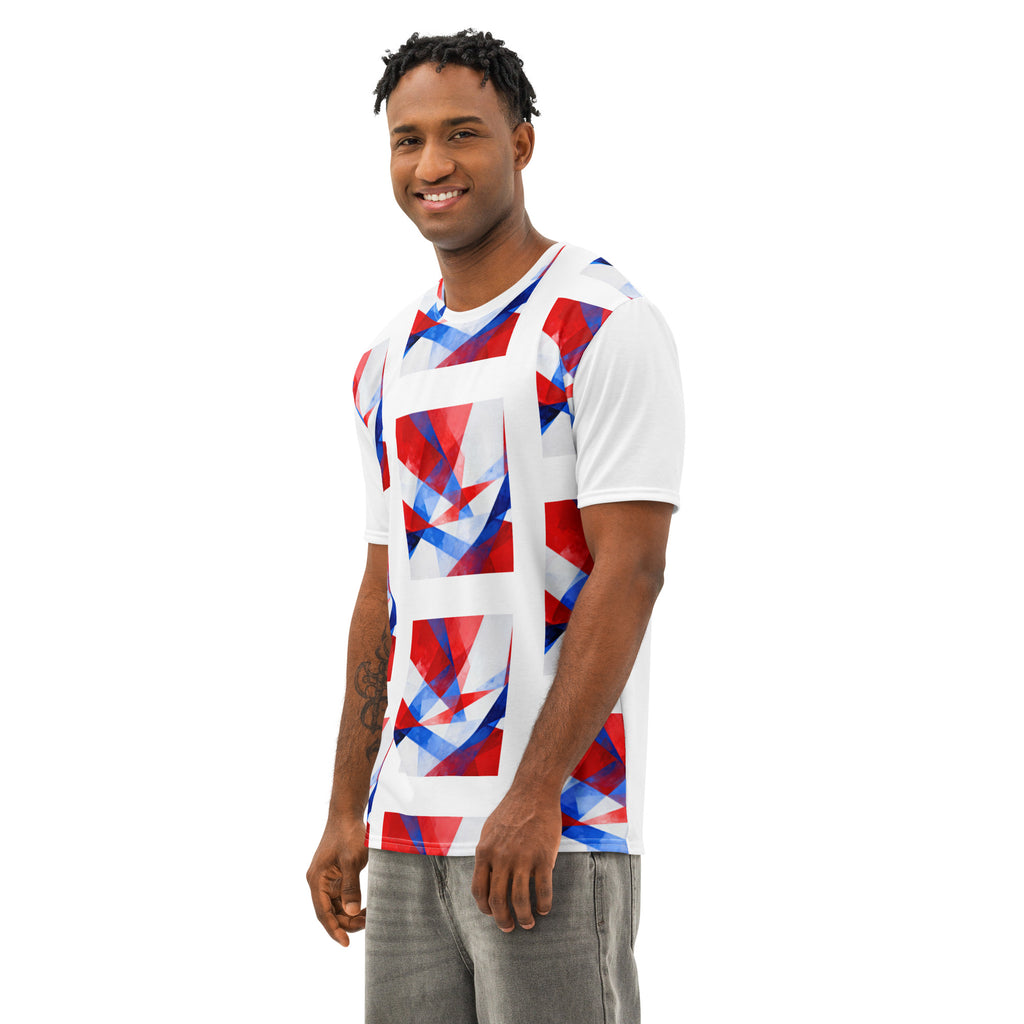 Men's white cotton crew-neck T-shirt with red and blue geometric flag print, side view