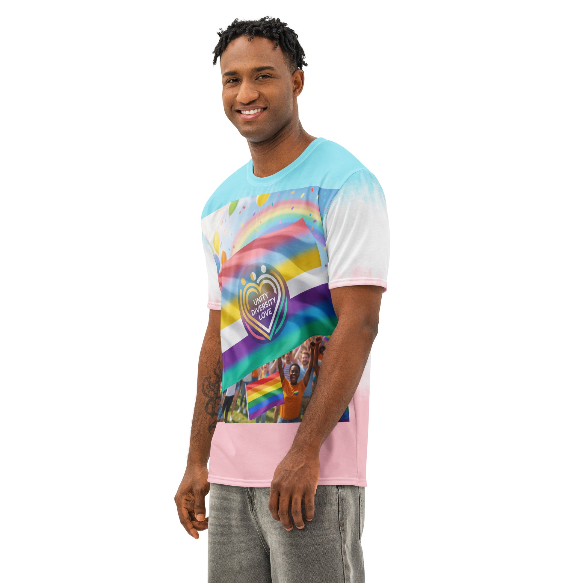 Men's tie-dye t-shirt close-up with rainbow flag and Unity Diversity Love logo