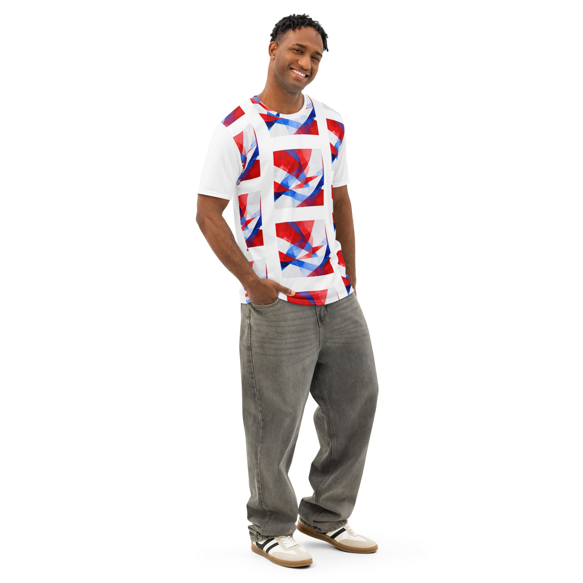 Men's white cotton crew-neck T-shirt with red and blue geometric flag print