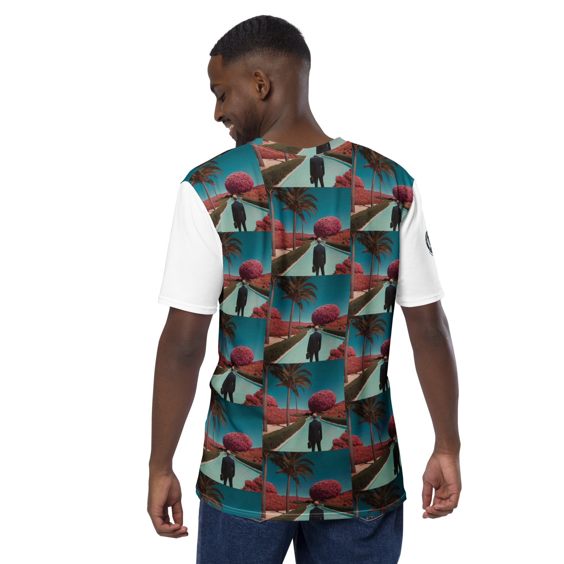 Men's crew-neck t-shirt, back view, teal tropical panel graphic with white sleeves