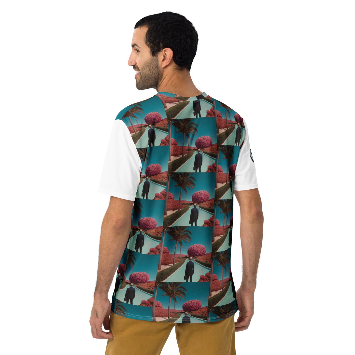 Men's crew-neck t-shirt, back view, teal tropical panel graphic with white sleeves