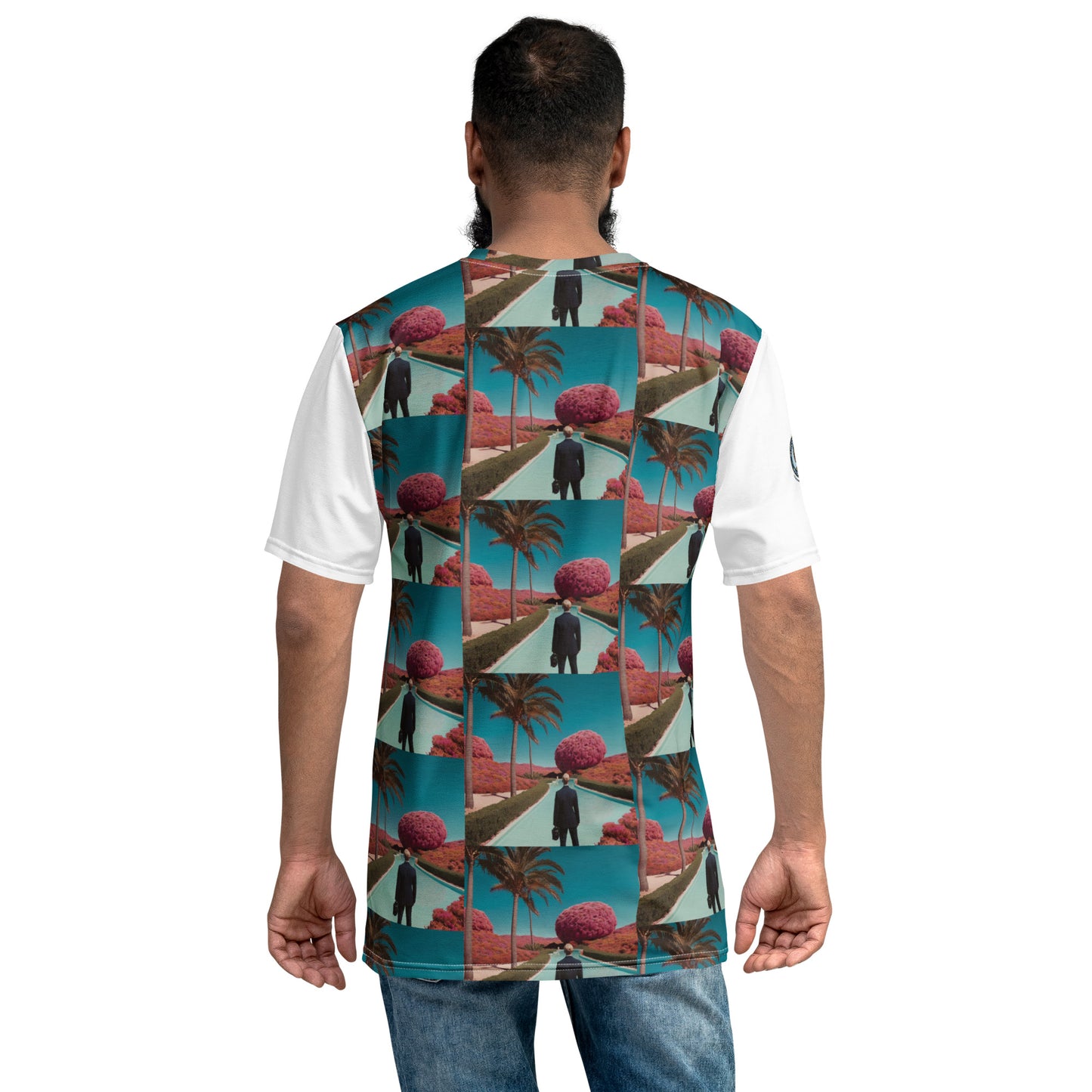 Men's crew-neck t-shirt, back view, teal tropical panel print with white short sleeves