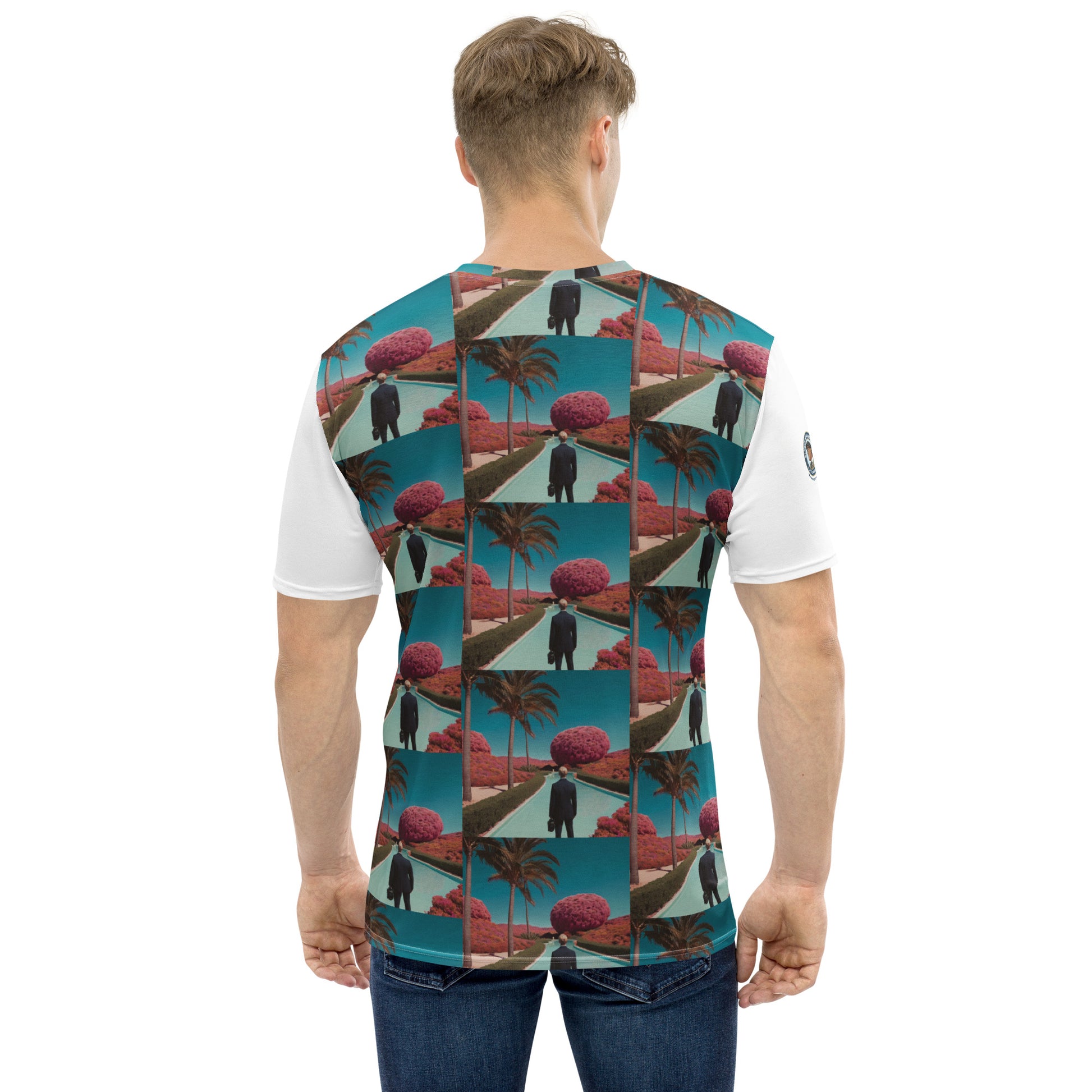 Men's crewneck T-shirt, back view, teal collage graphic and white sleeves