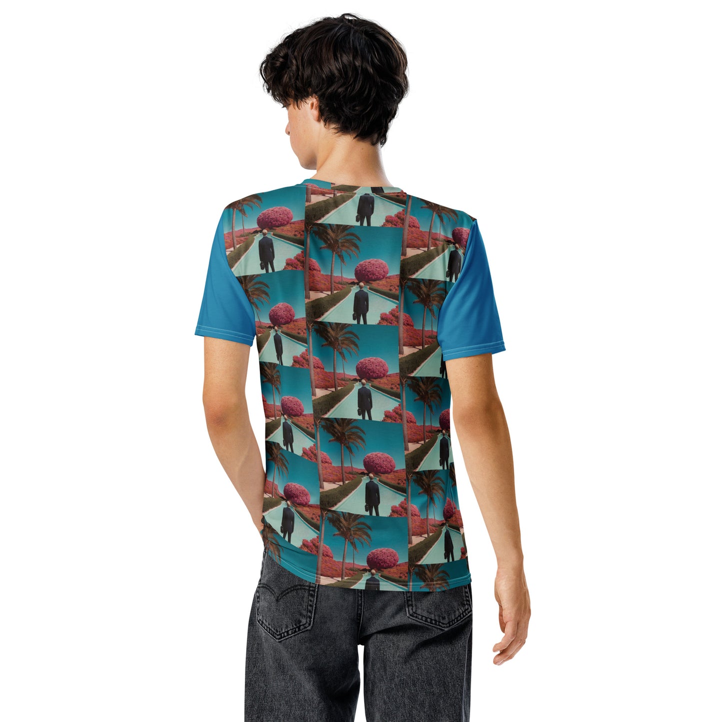 Men's short-sleeve T-shirt, teal with multicolor photo collage print, crew neck.
